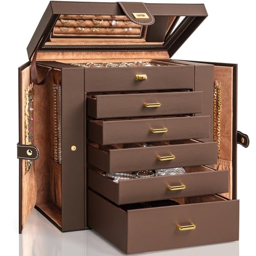 Large 6-Tier Jewelry Box Organizer with 5 Drawers & Mirror - Extra Large Brown