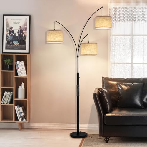 3 Light Arc Floor Lamp with Remote Control - Beige Shade & Black Pole, Adjustable & Dimmable