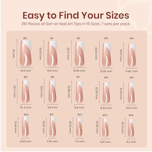 Beetles French Tip Press on Nails Long Square, 15 Sizes Soft Gel Nail Tips Jelly Brown 7 Styles Pre-Designed 4 in 1 Fake Nails Natural Look False Nail Tips for Nail Extensions Nail Art Gifts for Girls