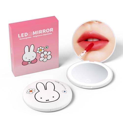 Miffy Handheld LED Makeup Mirror, Foldable 2-Side 1x/10x Magnification,Pocket Small Lighted Mirror for Travel, Rabbit Shape (Pure White)