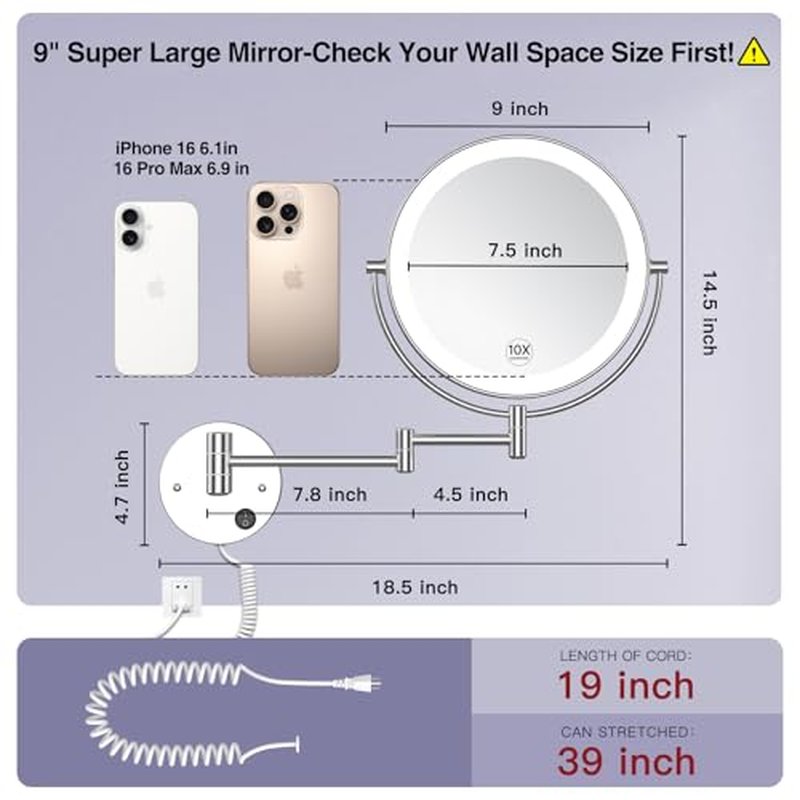 Benbilry 9" Large Size Wall Mounted Lighted Makeup Vanity Mirror, 1X/10X Magnifying 2-Sided AC Plug-in Powered Bathroom Mirror, 360¡Æ Swivel 13 Inch Extendable Arm, Chrome