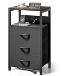 Lazzanto Night Stand with Charging Station - Black, 3 Fabric Drawers