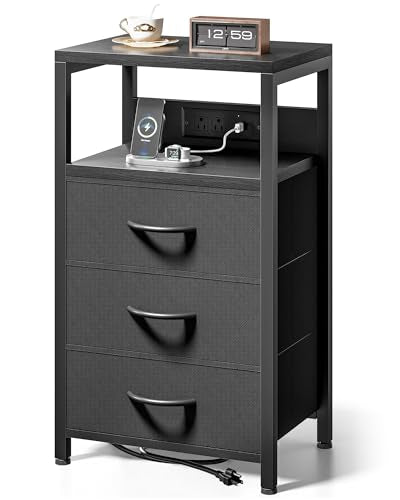 Lazzanto Night Stand with Charging Station - Black, 3 Fabric Drawers