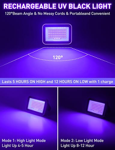 CREPOW 4 Pack Rechargeable LED Black Lights UV Floodlights for Parties, Halloween, Night Fishing, and Decorations