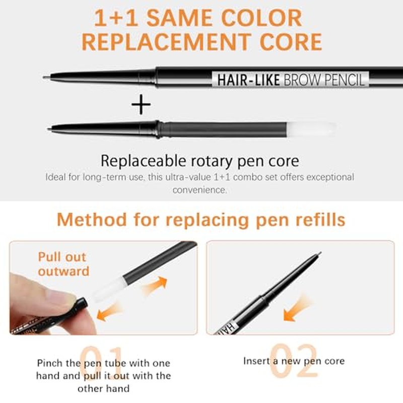 Browcharm Microblading Brow Pencil, 0.9mm Fine Tip, Waterproof Eyebrow Pencil, with 1+1 Same Color Refills, Shapes, Defines, Fills, and Contours for Full, Natural-Looking Brows (02 Light Grey)