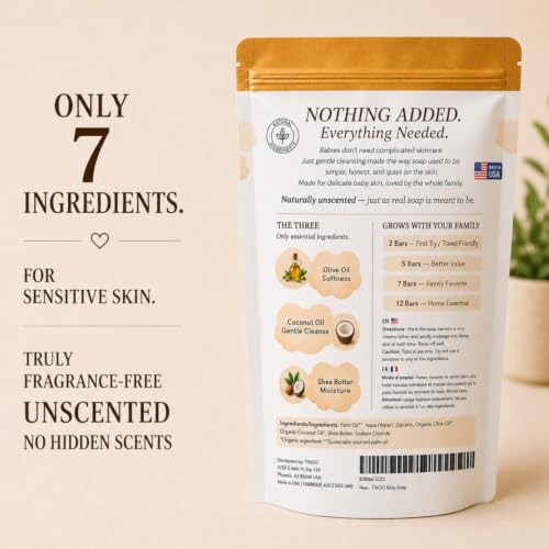 Fragrance-Free Baby Bar Soap Pack of 7 - Unscented Organic Gentle Skin Care for Toddlers and Adults