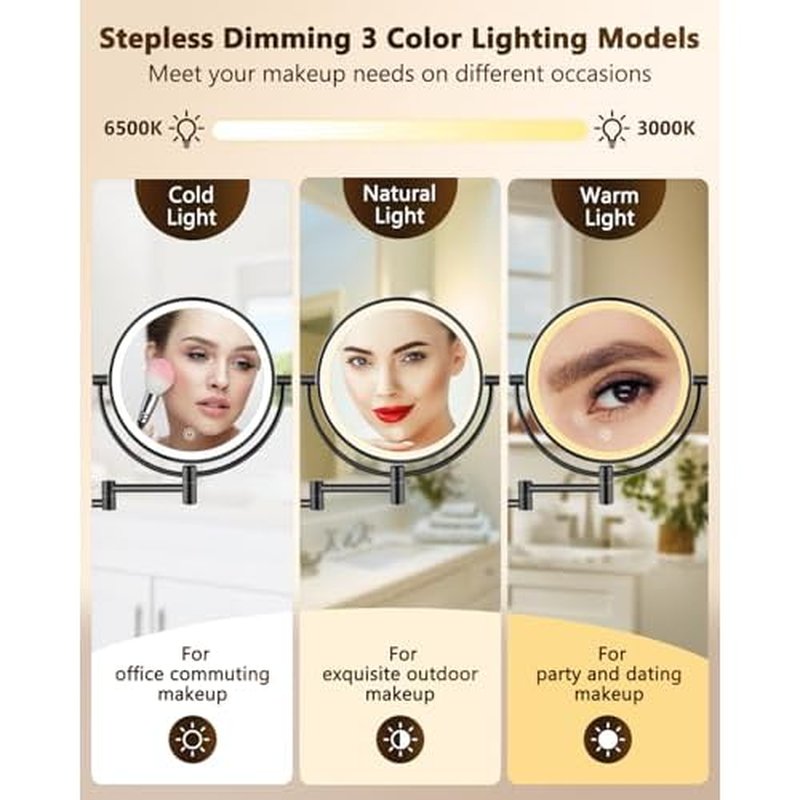 ALHAKIN 9" Wall Mounted Lighted Makeup Mirror, Large Double Sided 1X/10X Magnifying Mirror with 3 Color Lights Dimmable, 360¡Æ Rotation, Black