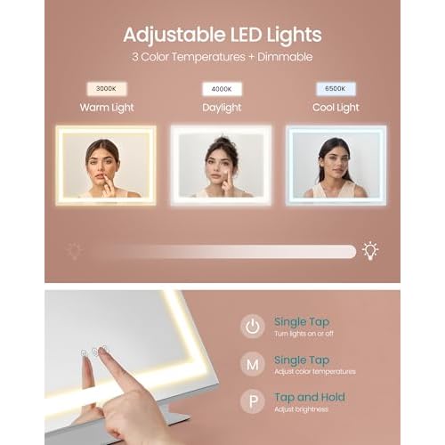SONGMICS Vanity Makeup Mirror with Lights, Touch Control, Angle-Adjustable, Charging Ports, Detachable 10X Magnifying Mirror, 3 Color Temperatures, Dimmable, Phone Holder, Matte White ULWM002W01V1