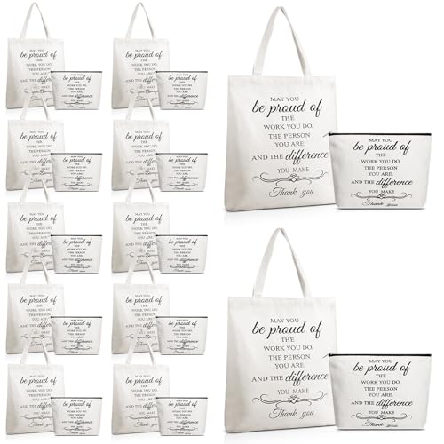 Sadnyy 24 Pcs Employee Appreciation Gift 12 Canvas Tote Bags 12 Makeup Bags Retirement Thank You Inspirational Gift for Women(Delicate)
