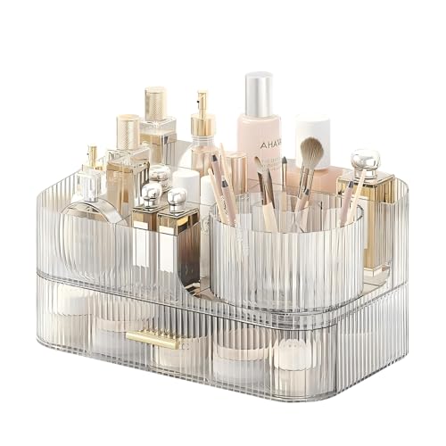 DASITON Clear Makeup Organizer with 1 Tray & 1 Drawer, Rotatable Cosmetic Storage