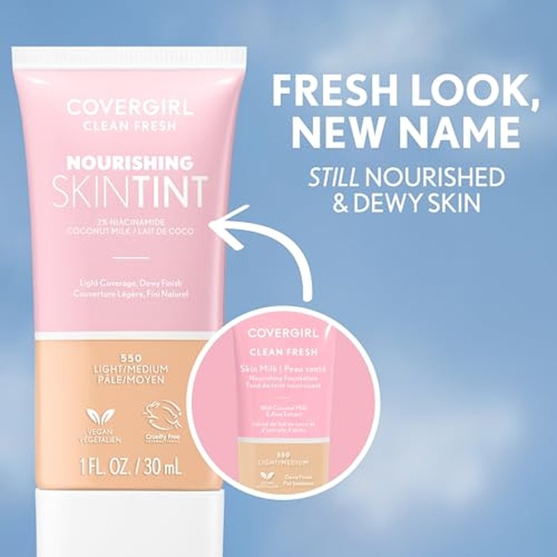 COVERGIRL Clean Fresh Nourishing Skin Tint, 550 Light/Medium, Liquid Foundation, Dewy Finish, Infused with Coconut & Aloe, Vegan Formula
