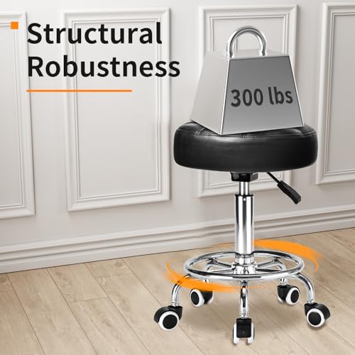Rolling Stool PU Leather Round - Ultra Soft Padded Seat Cushion Stool with Wheels with Footrest, Weight Capacity 300lb,Adjustable Height Stool for Tattoo Massage Salon Medical Spa Center (Jet Black)