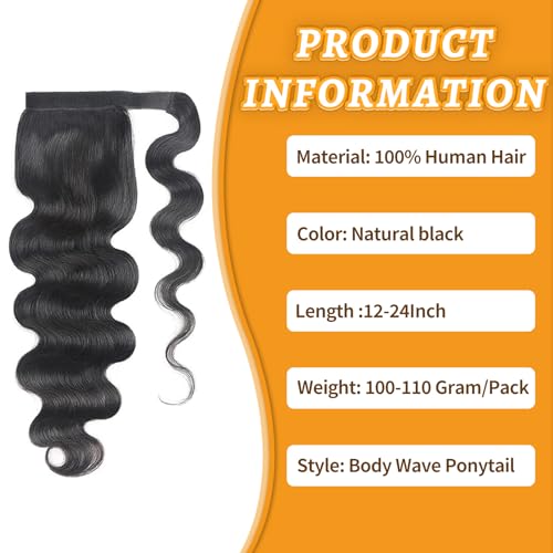 Body Wave Ponytail Extension 16 Inch Human Hair Wrap Around Clip-In for Black Women