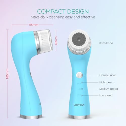 VOYOR Facial Cleansing Brush Rechargeable, Spin Face Brush Waterproof 5-in-1 Body Brush Set for Deep Skin Cleansing, Gentle Exfoliating and Massaging FB500 (Blue)