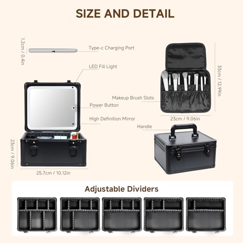 Travel Makeup Case with Lighted LED Mirror ? Waterproof Cosmetic Organizer with Adjustable Dividers, Portable Makeup Train Case for Women, Black