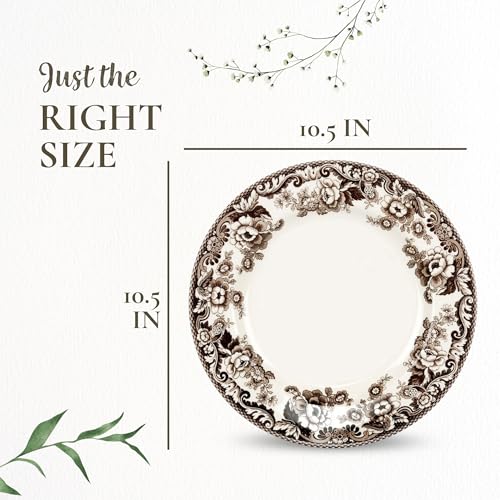 Dinner Plate Set of 4 - 10.5 Inch White and Brown Earthenware, Microwave & Dishwasher Safe | Delamere Pattern
