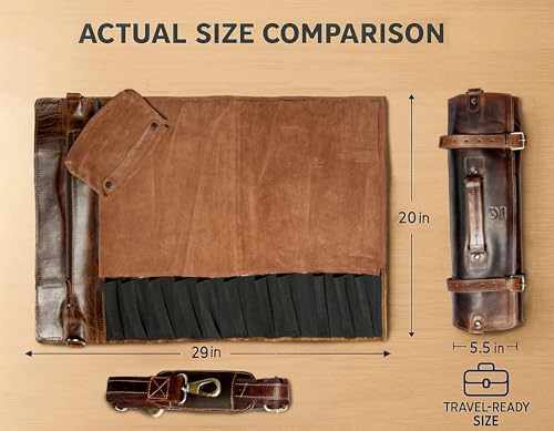 Rustic Town Genuine Leather Chef Knife Roll - Walnut Brown, Holds 11 Knives