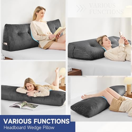 Large King Headboard Pillow - No Roll Wedge Pillow with Side Pockets - Grey