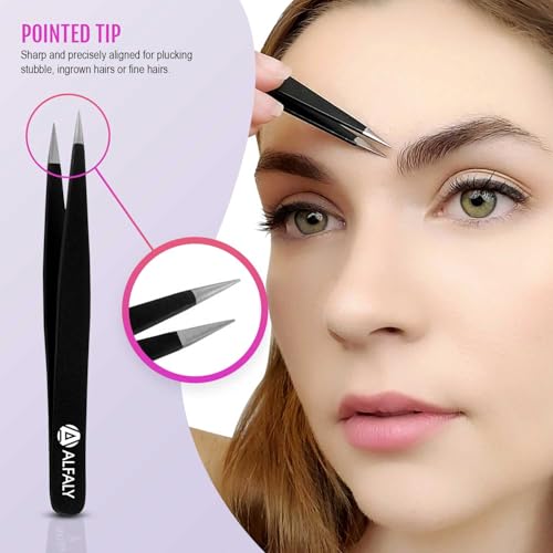 Tweezers Set - Professional Stainless Steel 4-Piece Precision Tweezer for Men & Women - Great for Facial Hair Removal, Eyebrow Shaping, Splinters & Ingrown (Black)