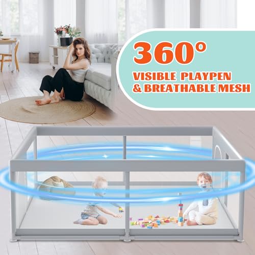 Extra Large Baby Playpen 79x79 Inches with Soft Breathable Mesh - Grey, Without Mat