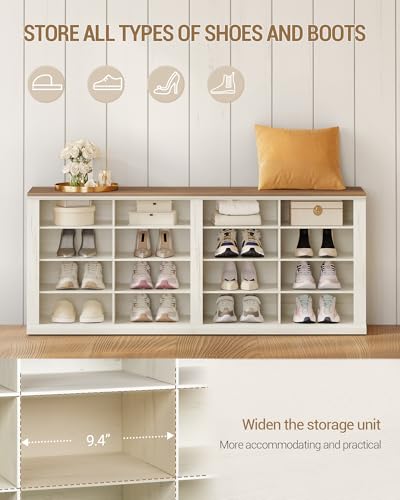Hzuaneri Antique White Wooden Shoe Storage Bench with Cubby, 11.8"D x 41"W x 23.8"H, Farmhouse Entryway Seat