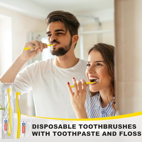 200 Pcs Disposable Toothbrushes with Toothpaste & Floss - Yellow, Individually Wrapped