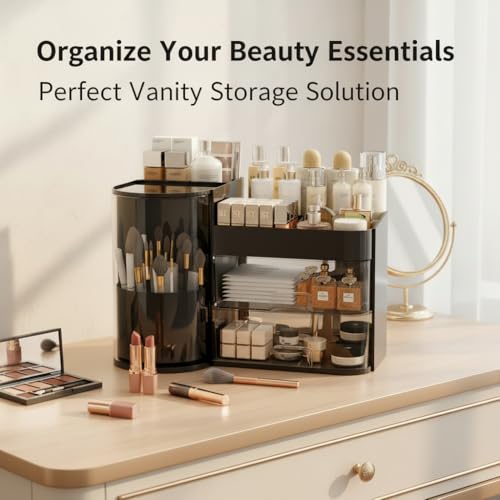 Makeup Organizer with Rotating,Large Bathroom Countertop Cosmetic Organizer with Brushes Holder,Skincare Storage Organizer,Ideal makeup holder for Skincare,Lipstick,etc (Light Luxury Black)