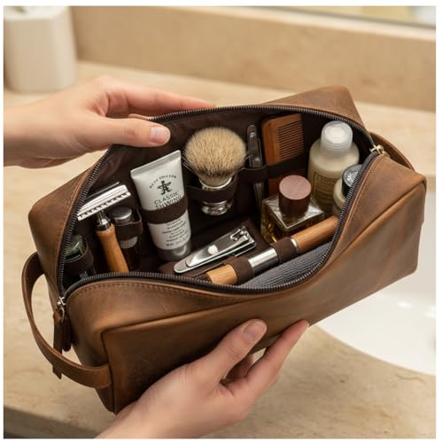 Leather Toiletry Bag, Cosmetic Case, Classy Dopp Kit - Best Gift - Premium Genuine Leather Dopp Kit Shaving Kit Organizer Travel Kit Pouch Bag f - Large Size (Oil pull up) (Dark Brown)