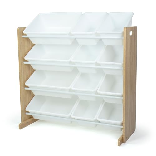Kids Toy Organizer with 12 Bins - Tall Natural Wood/White Storage Shelf