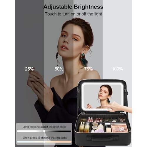 Relavel Travel Makeup Bag With LED Mirror, 16.2" Large Makeup Train Case, 3 Color Scenarios Adjustable Brightness, Waterproof Makeup Train Case Organizer with DIY Dividers for Makeup Artist, Black