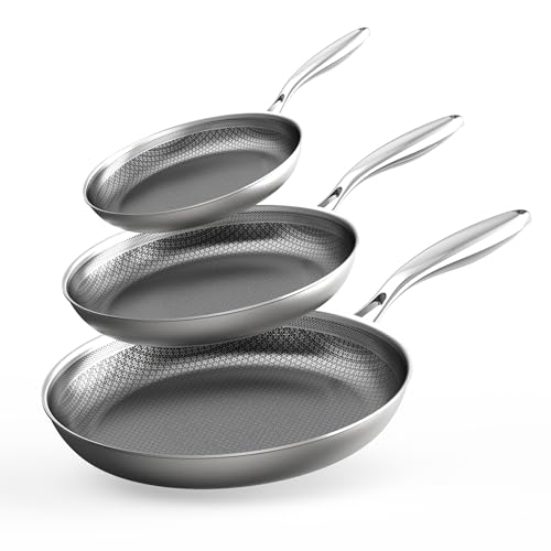 Hybrid Nonstick Frying Pan Set - 8, 10 & 12 Inch Stainless Steel Cookware Silver