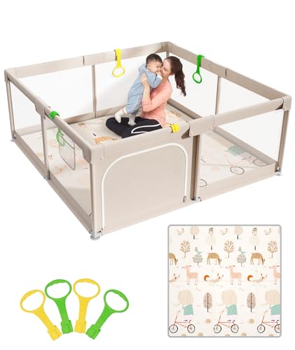 Mloong Baby Playpen with Mat - 59x59 Inch Safety Play Yard for Toddlers, Grey
