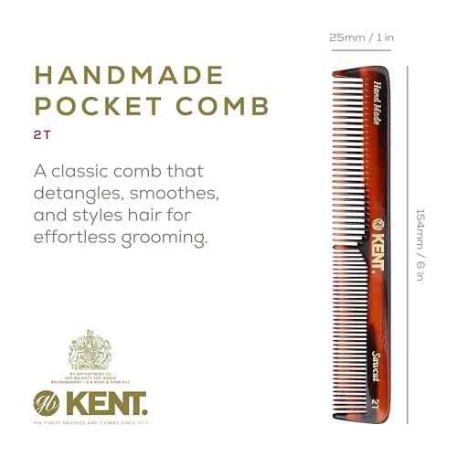 Kent 2T Fine and Wide Tooth Comb For Men, for Small Beard and Mustache, Daily Hair Styling and Mens Grooming Comb, All Hair Types, Handmade Sawcut and Polished in England