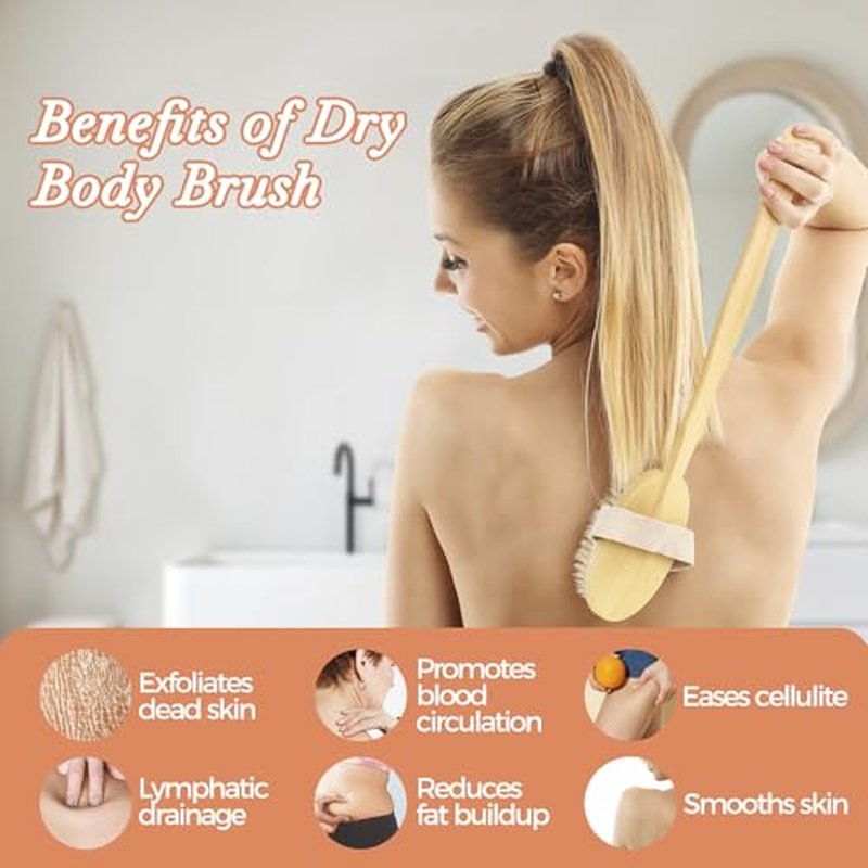 7 Packs Dry Brushing Body Brush Set for Lymphatic Drainage and Cellulite Massager, Long Handle Dry Brush for Body, Natural Boar Bristle Dry Body Brush Exfoliator