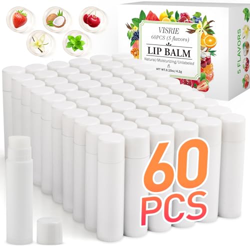 60 Pack Lip Balm Unlabeled, Natural Lip Balm Bulk Blank Tube, Personalized Lip Balms for Party Favors Adults and Bridal Shower Favors or Baby Shower Gifts-5 Flavors
