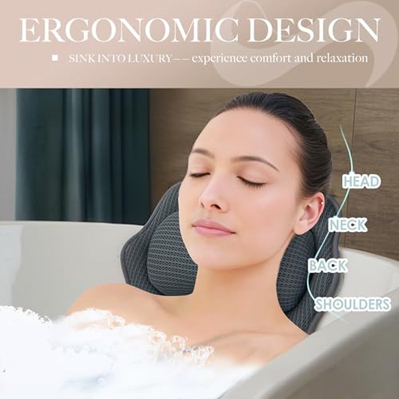 Bath Pillows for Tub ? Luxury Bath Pillow & Bathtub Pillow with 6 Strong Suction Cups, Soft Cushion for Head and Neck Support, Relaxing Bath Accessories for Women (Gray)