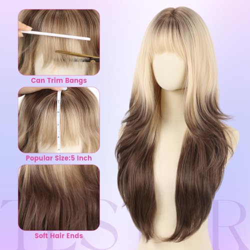 Ombre Blonde Brown Long Wavy Heat-Resistant Wig with Bangs - 26 Inch for Women - Natural Synthetic Layered Style