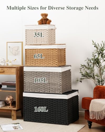 Large PE Rattan Storage Basket with Lid - Natural, 160L Capacity, with Removable Linings