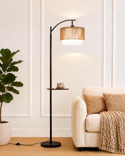Vintage Brown Rattan Floor Lamp with Side Table - Farmhouse Arc Standing Light