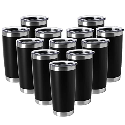 Black 20oz Stainless Steel Insulated Tumblers with Lid - 12 Pack, Double Wall Vacuum Coffee Mug
