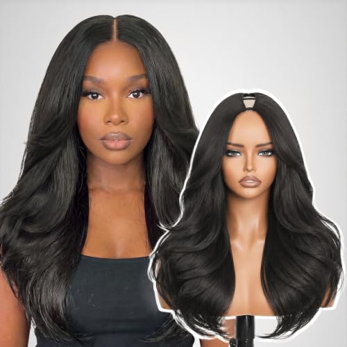 PREMPO 20 Inch Natural Black Wavy V Part Wig for Black Women - Glueless, Layered Synthetic Hair