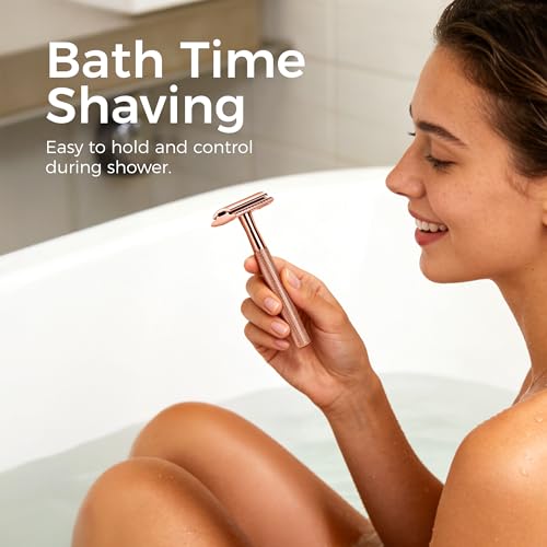 Double Edge Safety Razor Kit with Stand - Rose Gold Men & Women Shaving Set