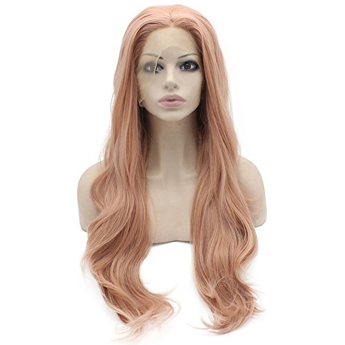 24-Inch Long Wavy Synthetic Lace Front Wig - Natural Hand Tied Rose Pink & Black Green Mix