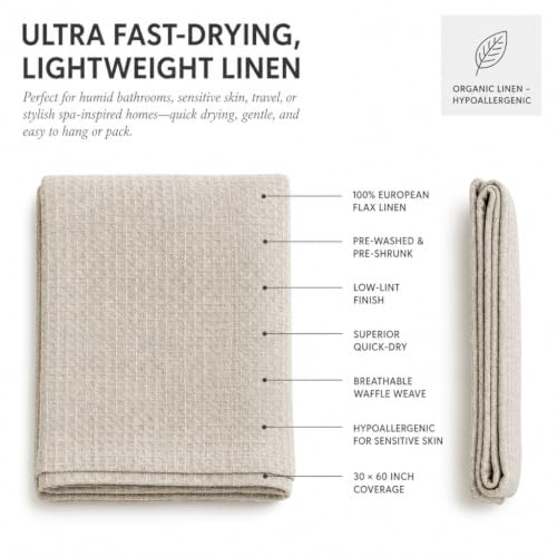 Natural Linen Bath Towel - 30x60 Inch Quick Dry Waffle Weave Hair Towel - Bath Towel / Natural Linen