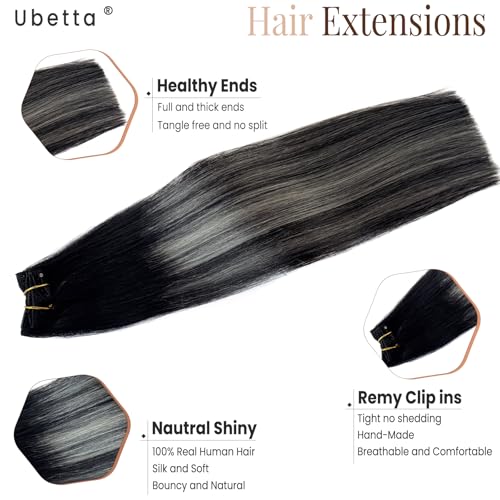 Clip in Hair Extensions - 16 Inch Ombré Black Silver Balayage - 7 pcs Remy Human Hair