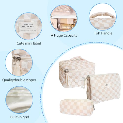 Cozomga 3pcs Brown Checkered Quilted Makeup Bag Set - Travel & Daily Organizers