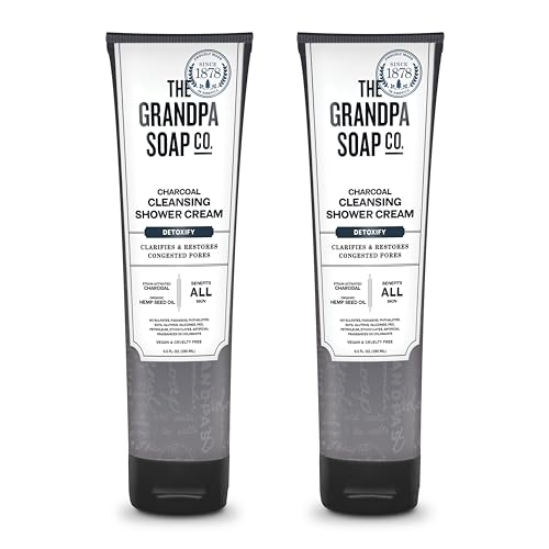 The Grandpa Soap Company Charcoal Cleansing Shower Cream - Clarifies & Restores Congested Pores, With Activated Charcoal & Hemp Seed Oil, Detoxifies, 9.5 Fl Oz, 2 Pack