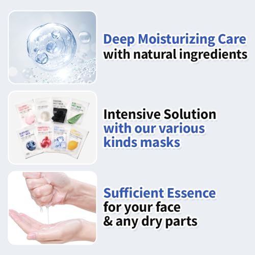 Hydrating Face Mask Variety Pack - 40 Sheets with Aloe Charcoal Collagen & More - 1 Pack of 40