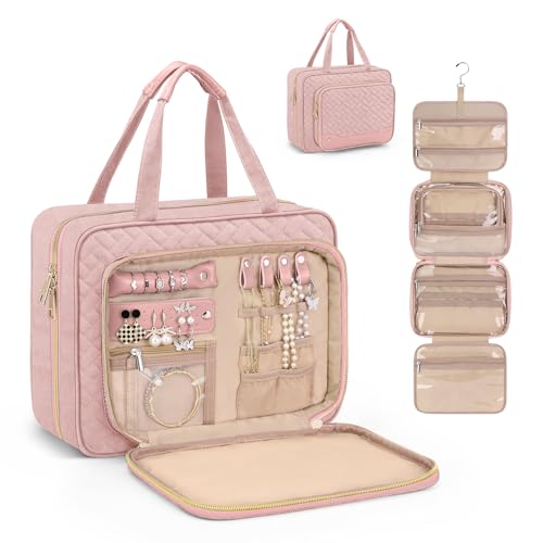 Large Waterproof Travel Toiletry Bag with Jewelry Organizer - Pink