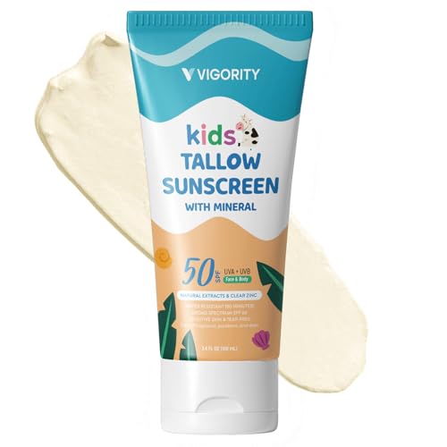 Vigority SPF 50 Kids Mineral Sunscreen with Zinc Oxide, Tallow, Botanicals, Water-Resistant, 3.4 fl oz